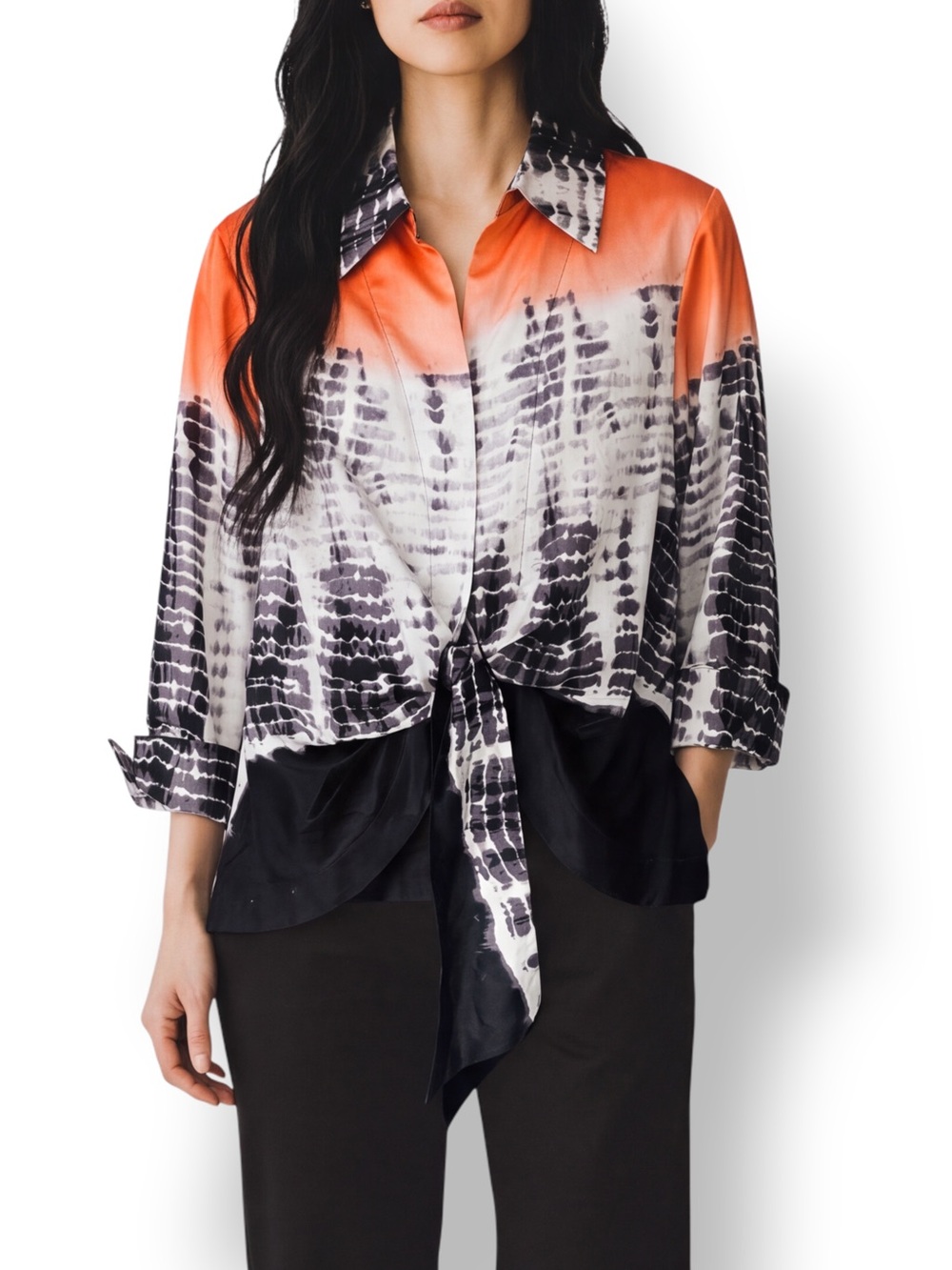 4/$20 Mishca Orange Black Tie Dye Tie Front Collared Blouse Large